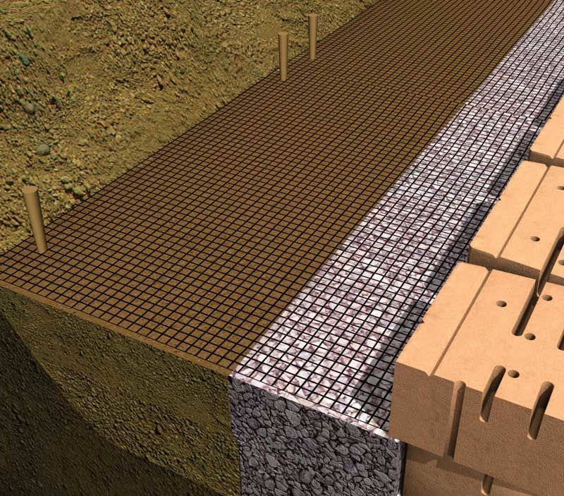 Pull the geogrid taut and anchor the end—typically with stakes or backfill material.