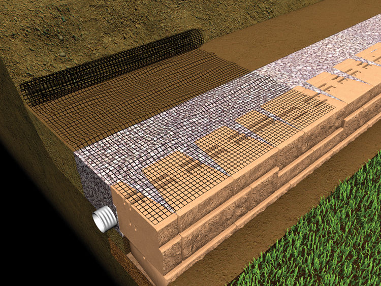 Place the end of the geogrid on the flat top of the Mosaic panels about 1 inch from the wall face and roll it away from the wall.